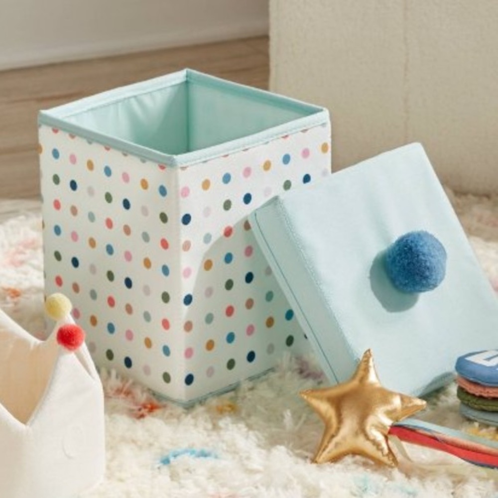 NEW 2 Pillowfort Multi Color Dot on White Fabric Boxes w/Pom Lids
